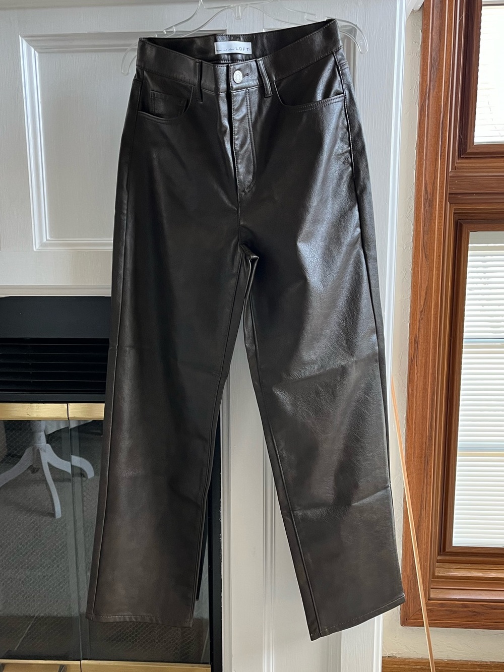 LOFT Five Pocket Straight Leg Pants in Faux Leather— Dark Brown
